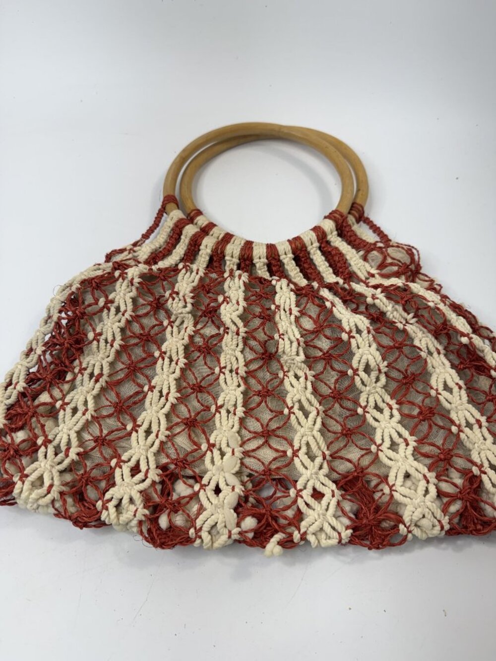 Handmade Red & Cream Macrame Crochet Bag With Bamboo Handles